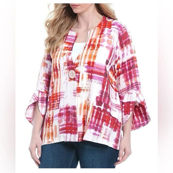 Ali Miles Linen Blazer Jacket Size 3X Pink Abstract Tulip Sleeve Artsy Lagenlook - Picture 1 of 14